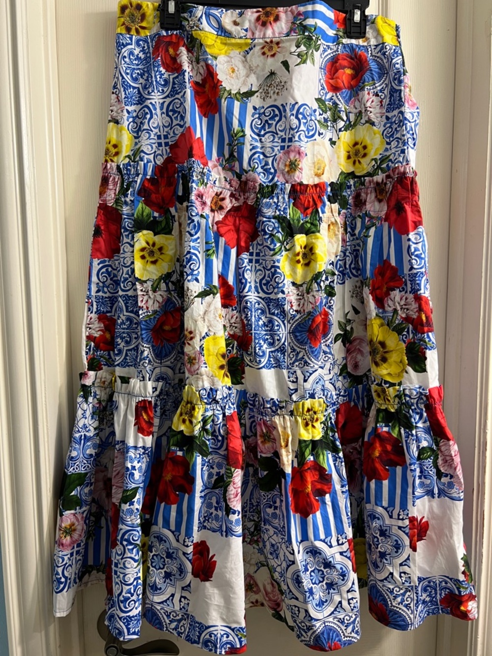 Boston Proper Blue, Red & Yellow Floral Tiered Skirt